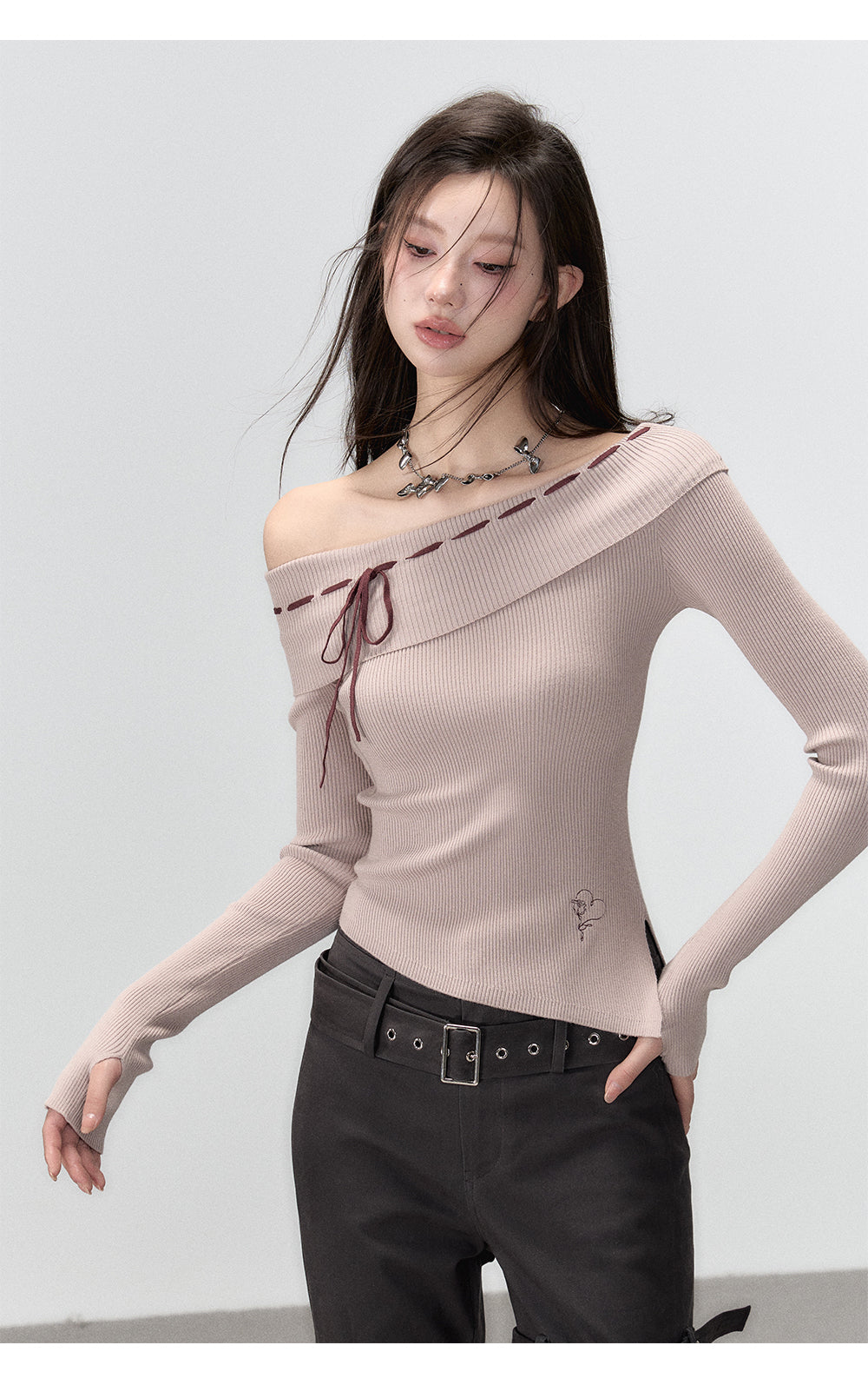 Black & Brown Off-shoulder Knitted Long Sleeve T-shirt