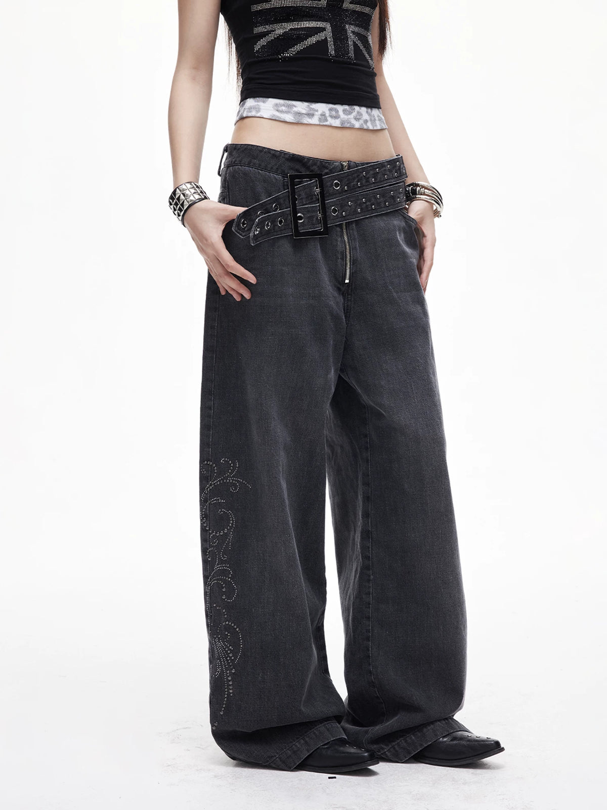 Gray Rivet Wide Leg Jeans