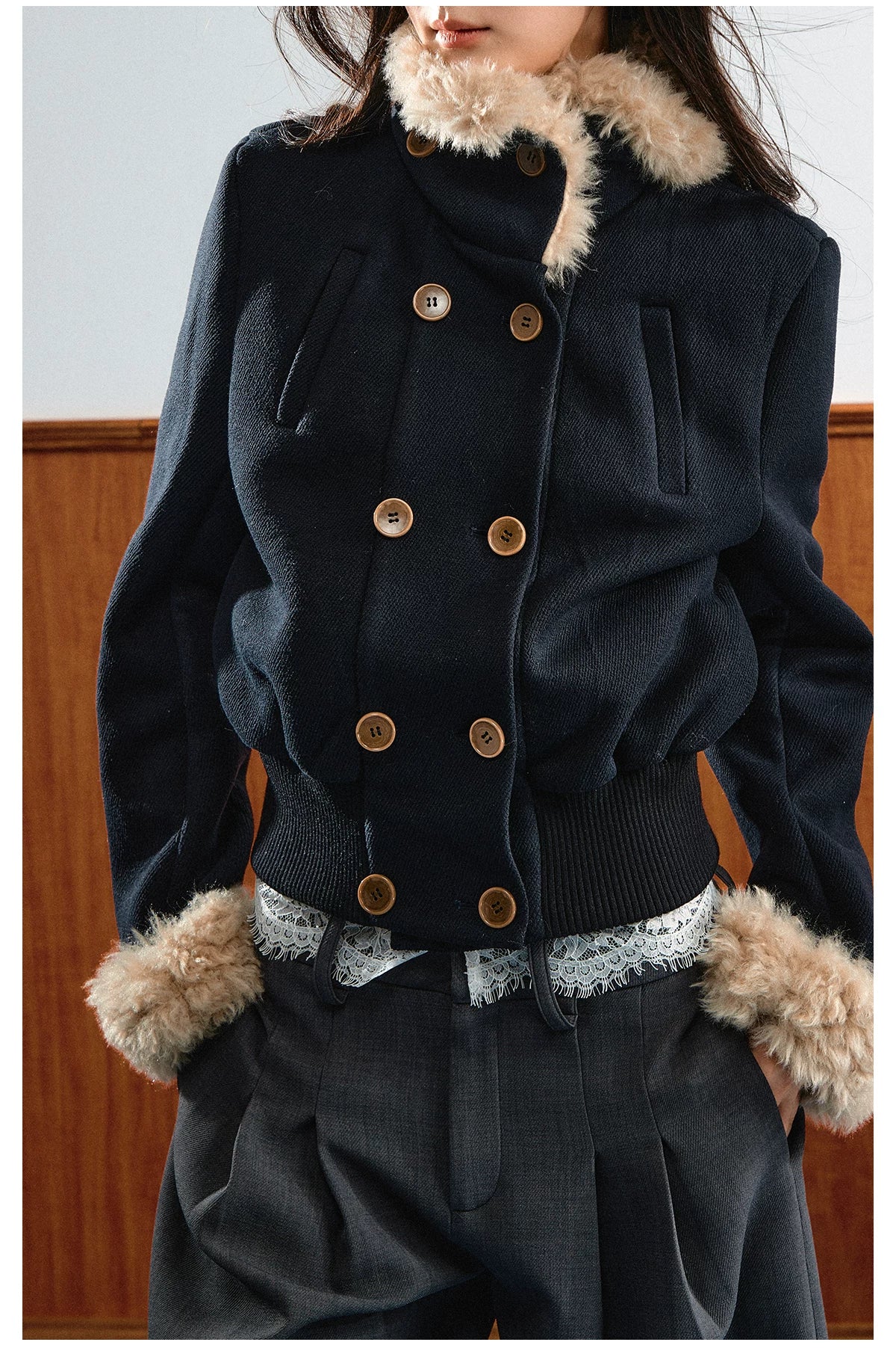 Navy Blue Vintage Faux Fur Collar Jacket