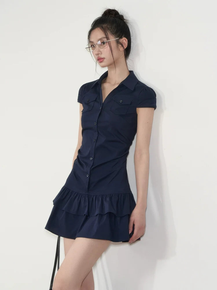 Waist-Cinching Elastic Short - Sleeve Shirt Dress