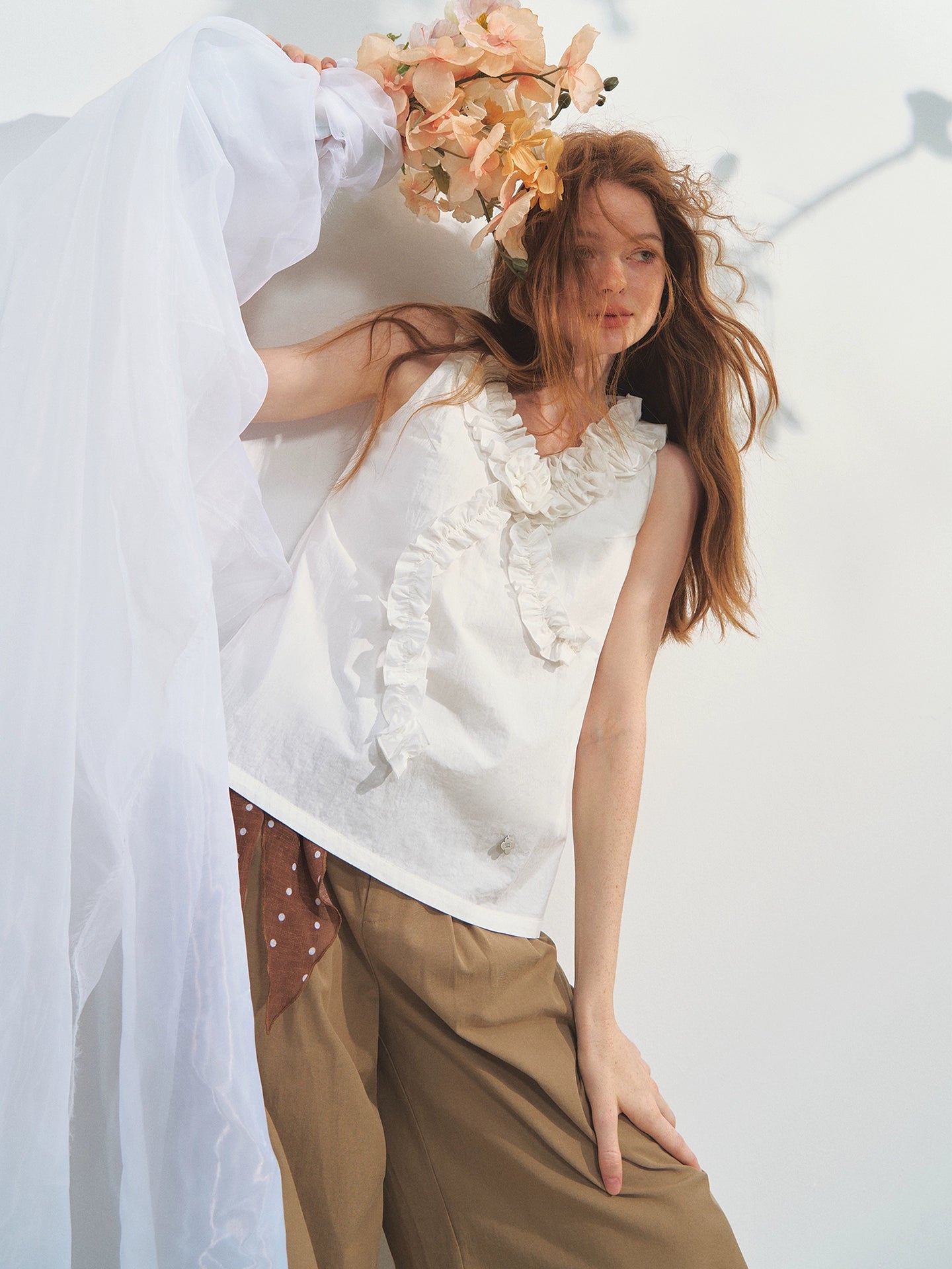 French Ruffle Lace Knotted Flower V-neck Top