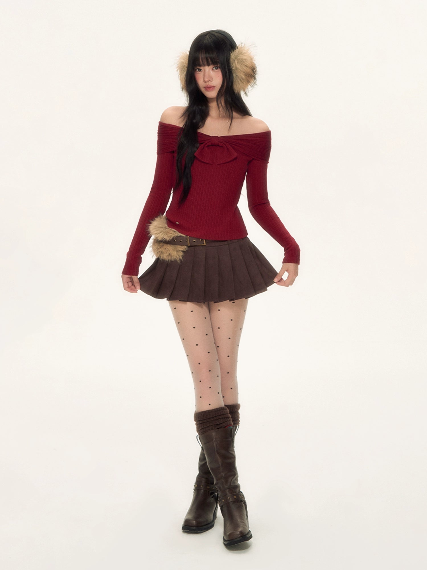 Red Off-Shoulder Bow Knit Top