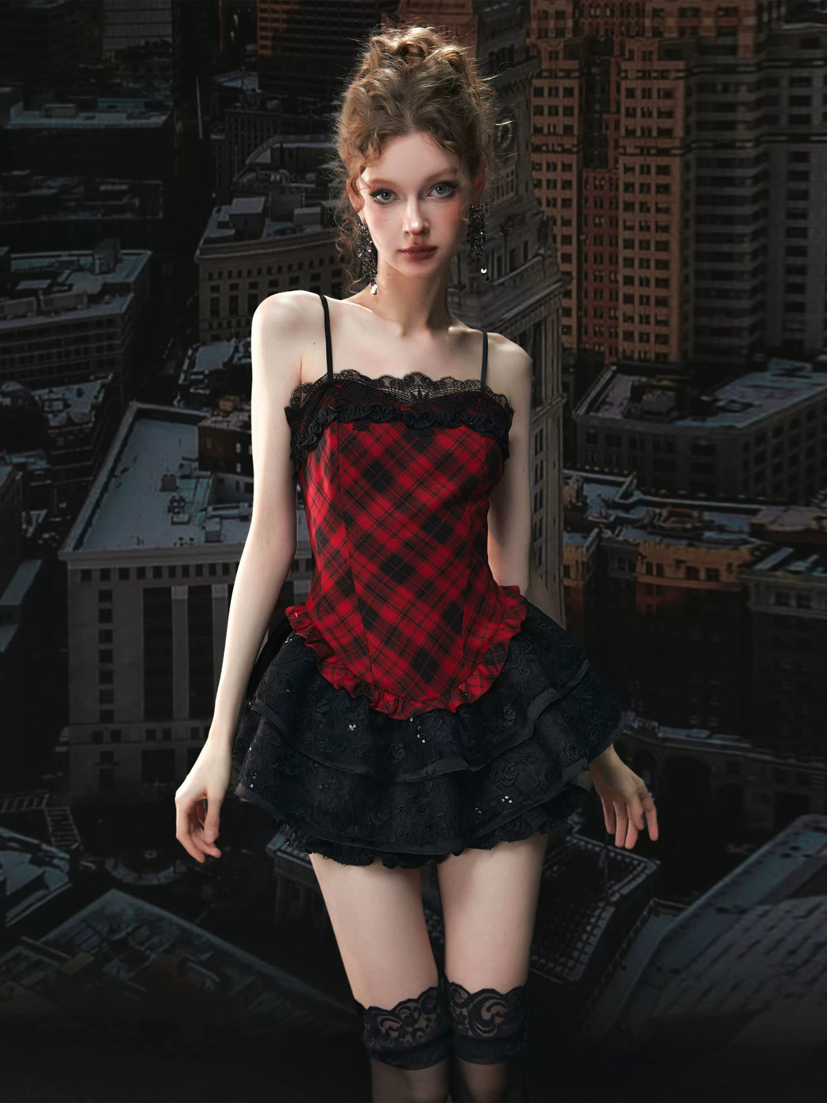 Red Plaid Lace Puff Dress Set