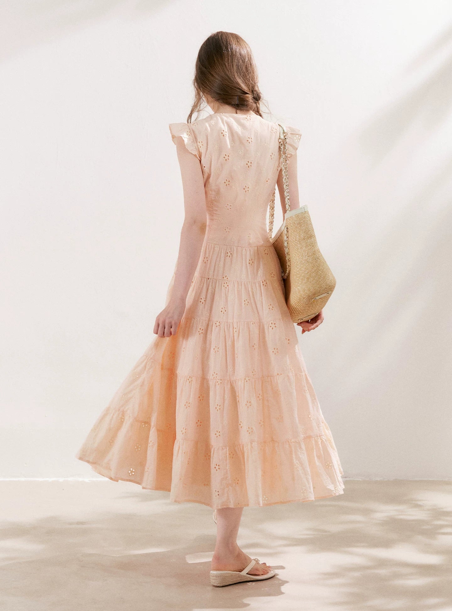 Apricot Orange Eyelet Tiered Dress