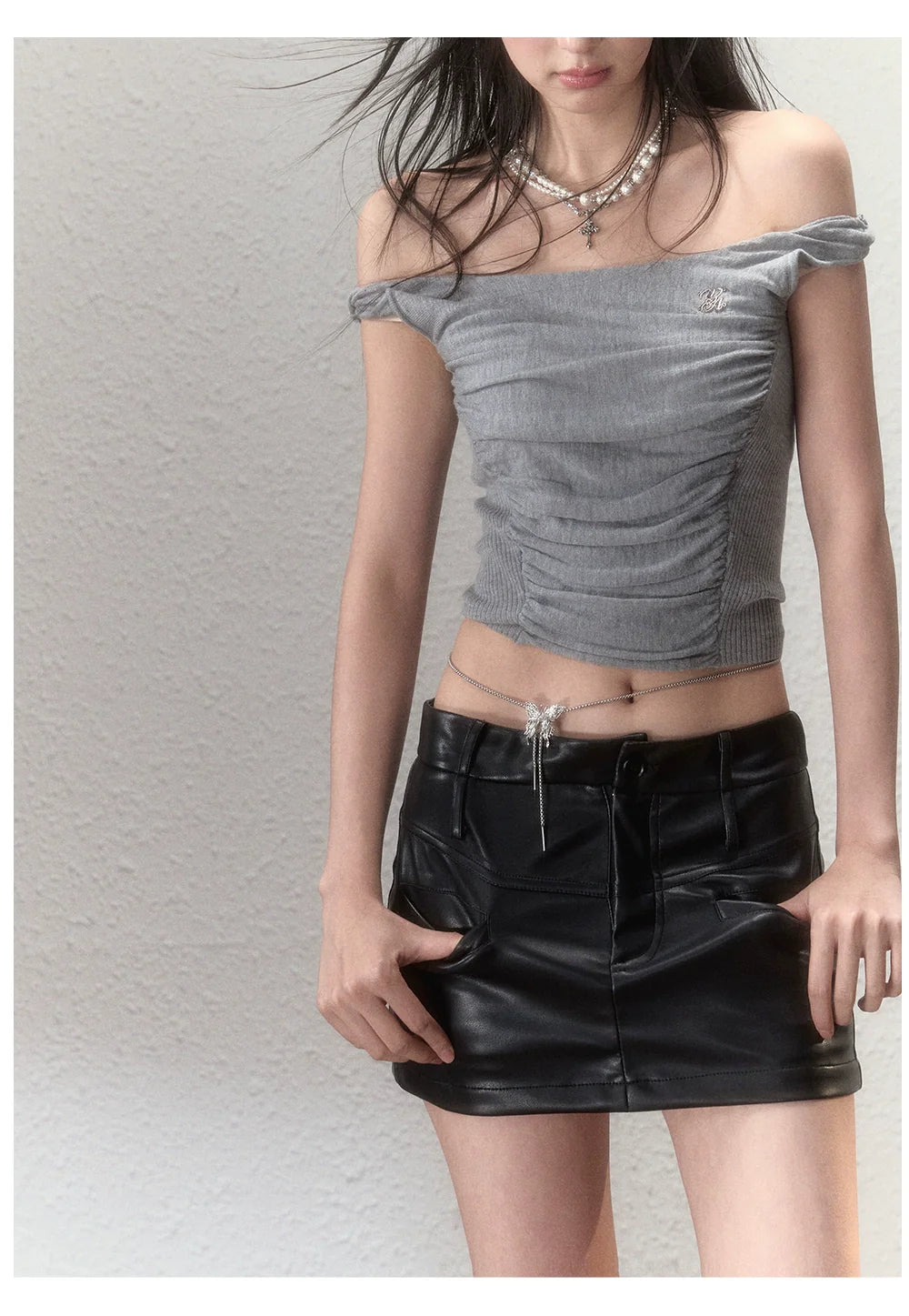 Waistline Ruched Off‑shoulder Knit Top