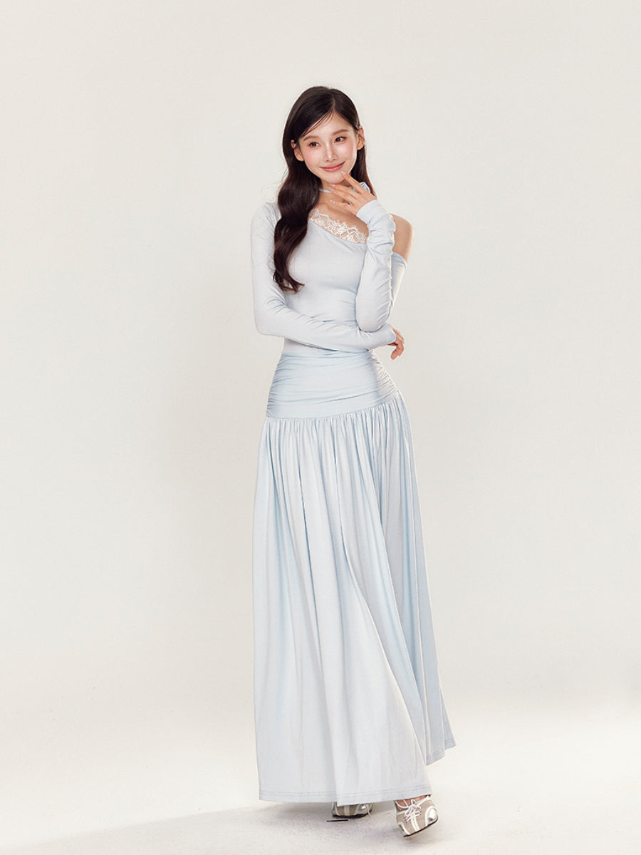 Off-Shoulder Asymmetrical Waist Pleated Dress