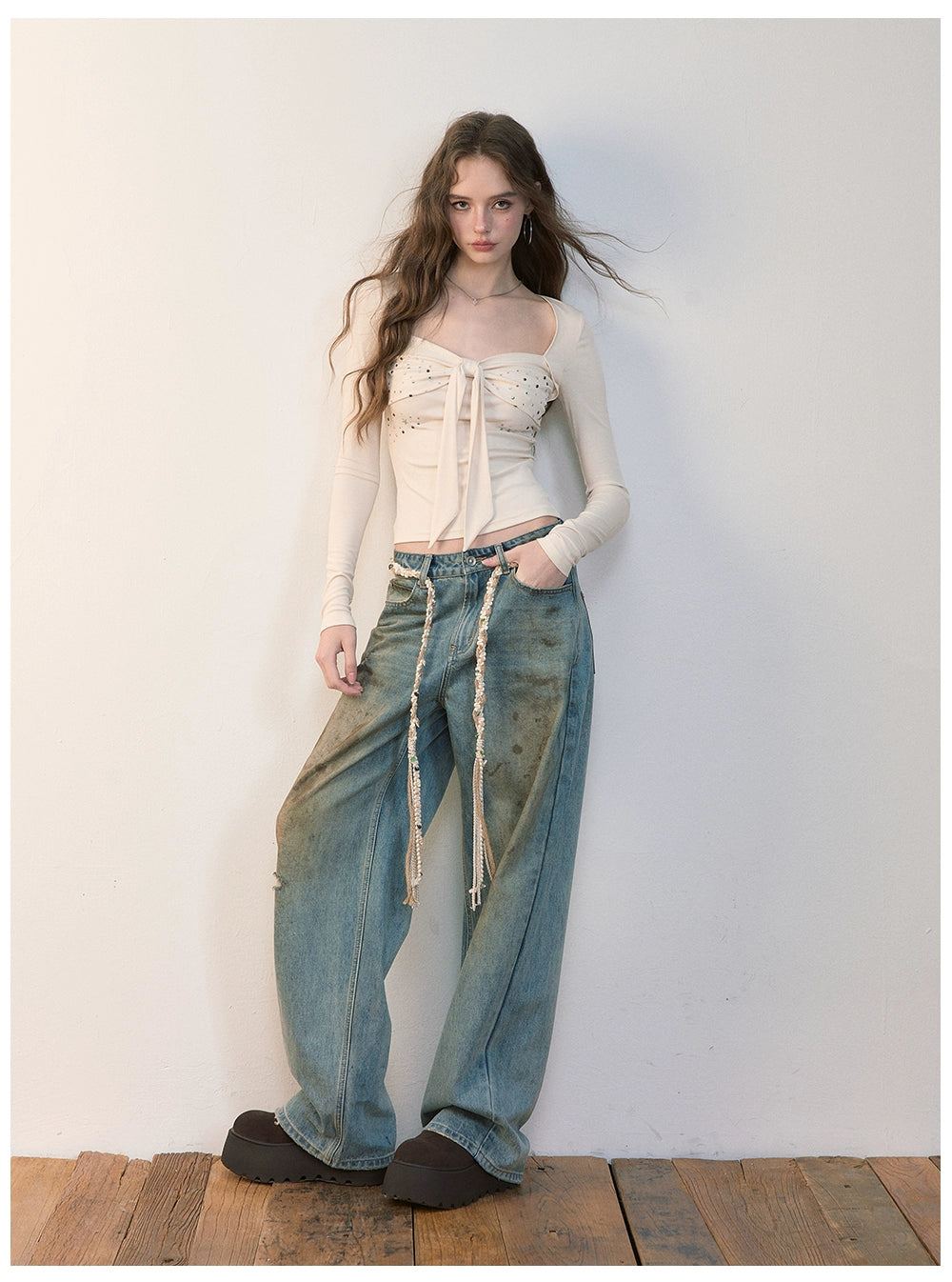 Bow Rhinestone U-neck Blouse