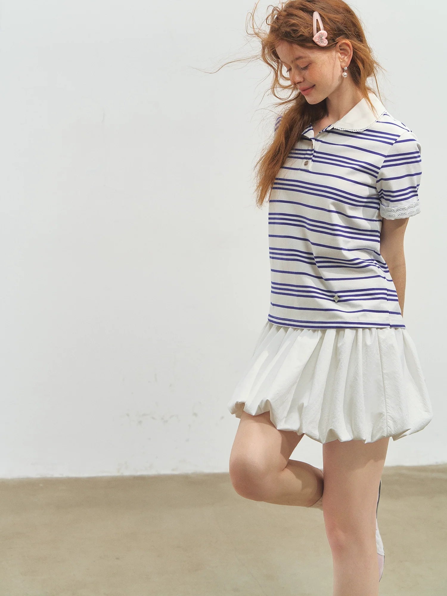 Striped Lace Short-Sleeve Polo Neck T-Shirt