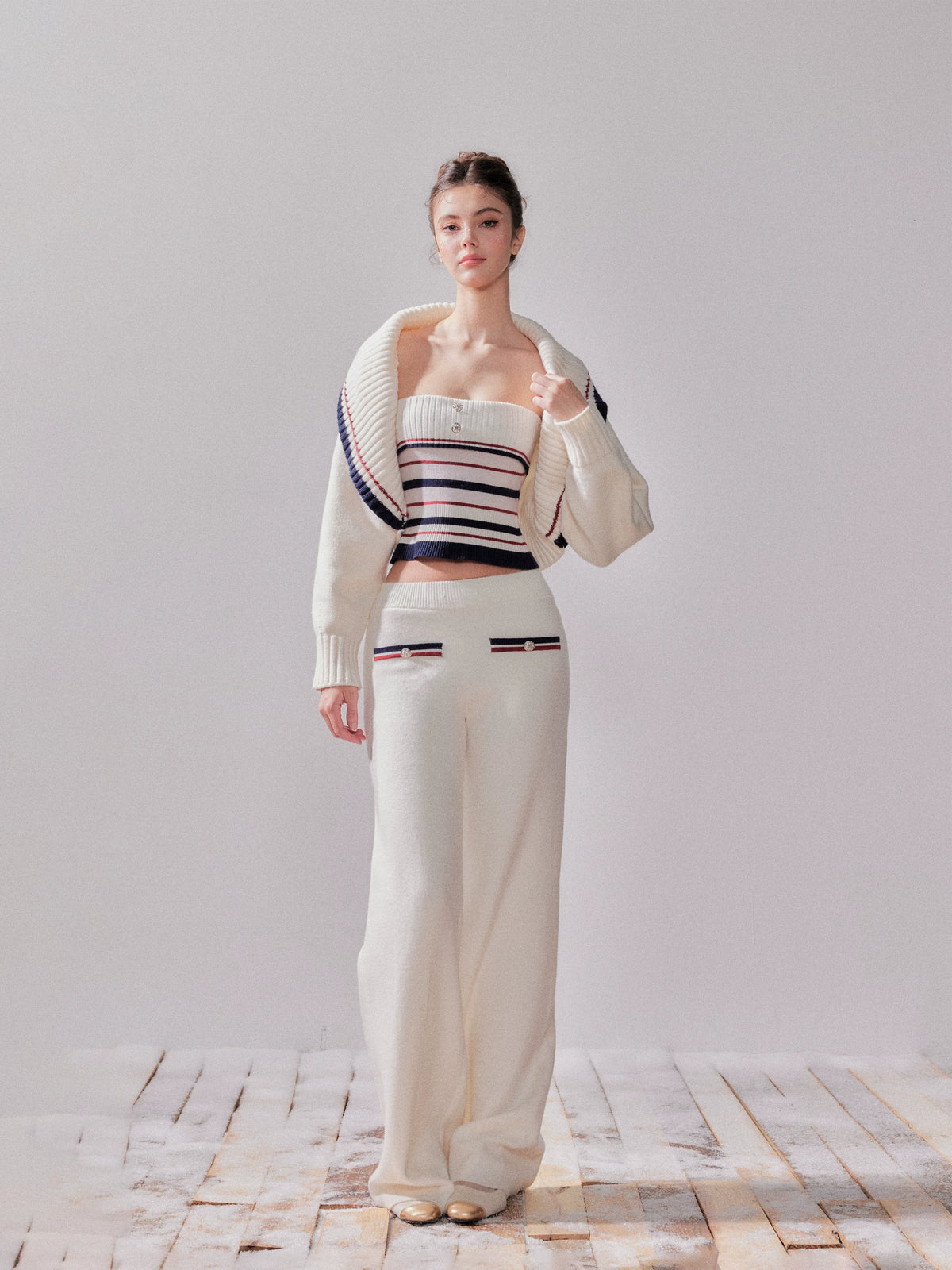 White Striped Knit Cardigan Set