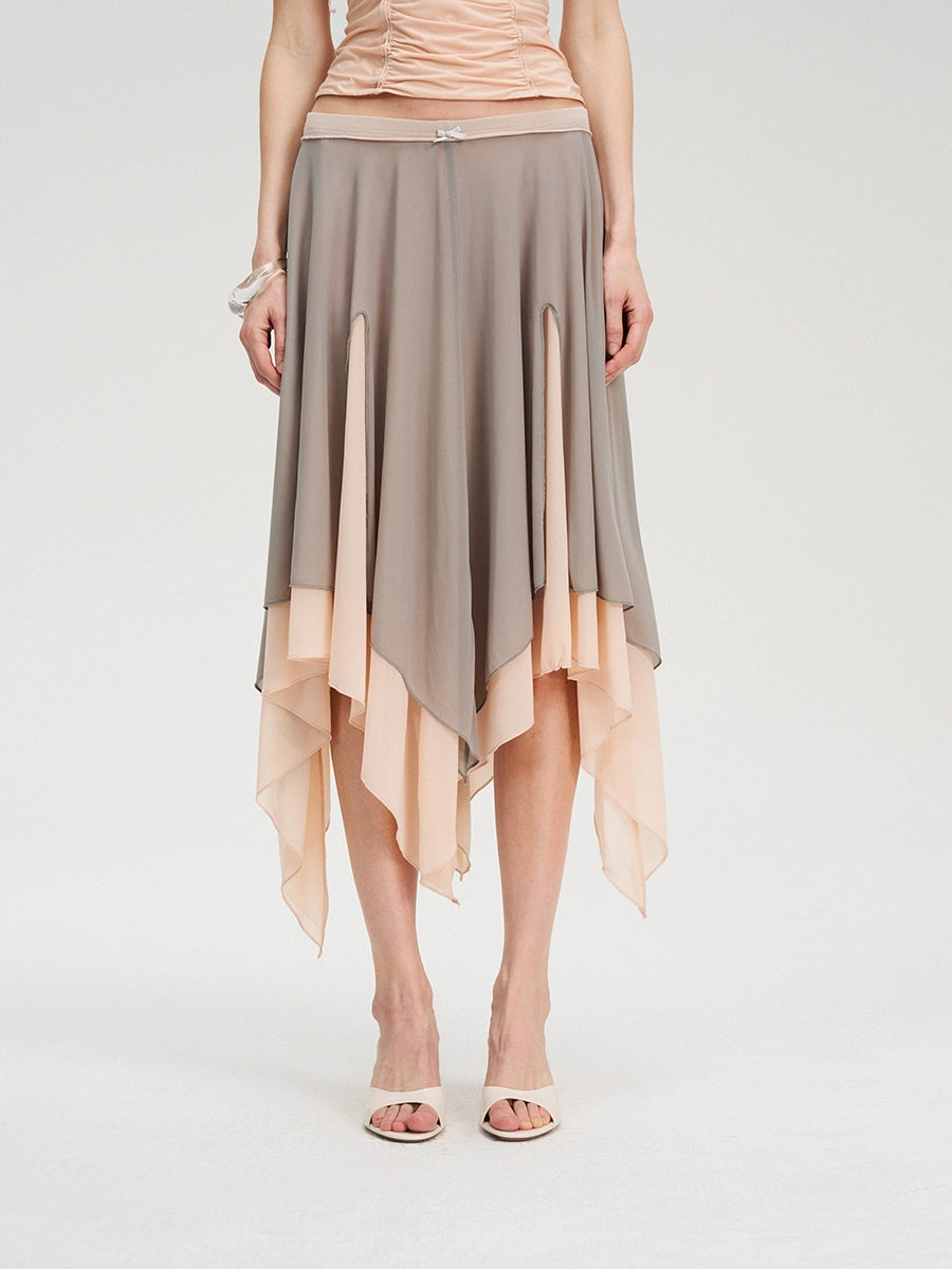 Colorblock Mesh Flared Midi Skirt