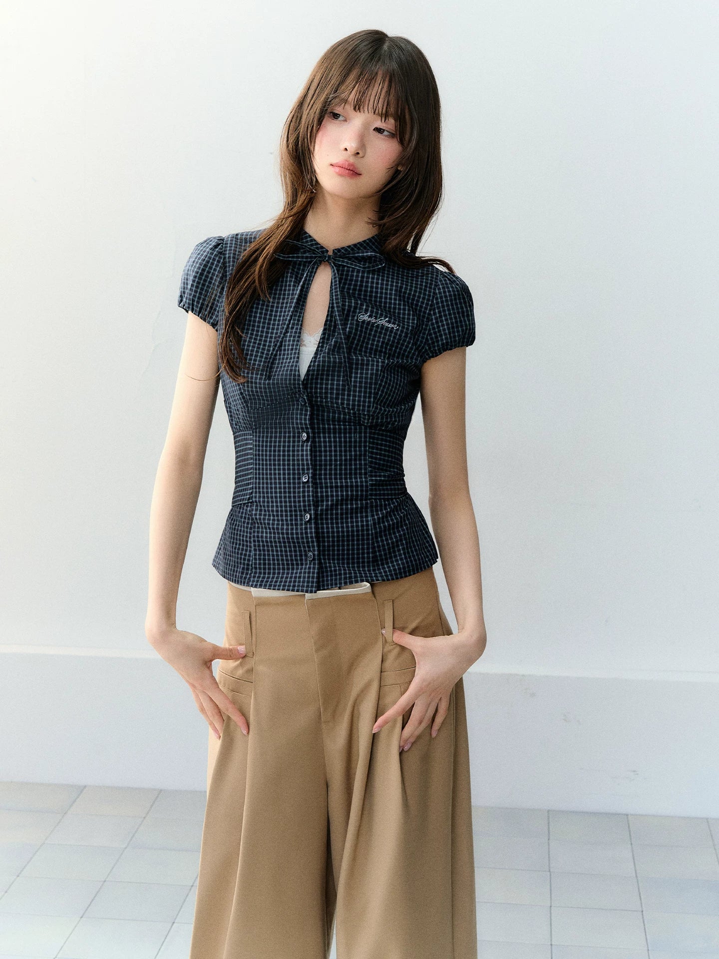 Vintage Plaid Cutout Blouse
