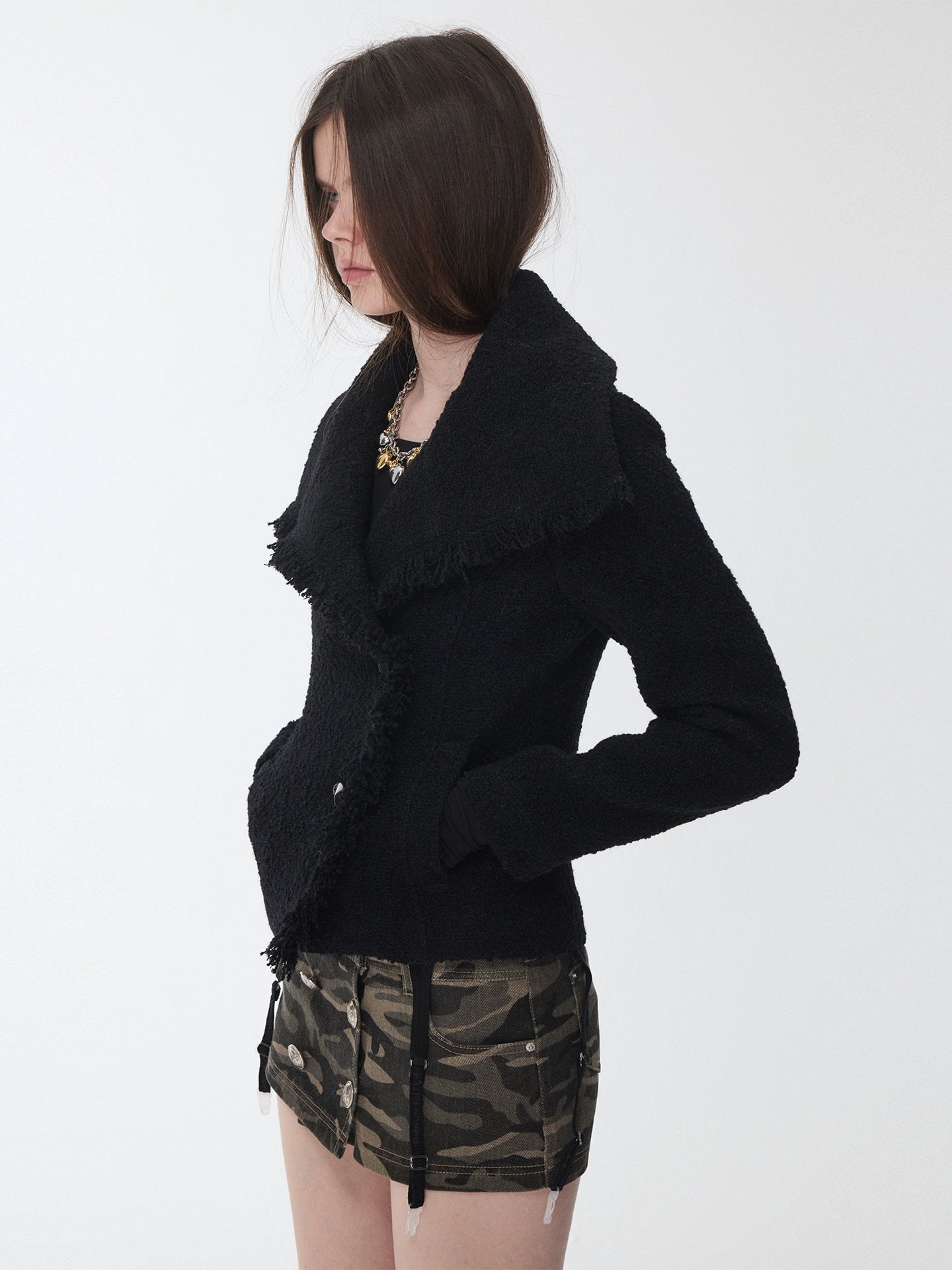 Wool Blend Short Jacket with Horn Buttons