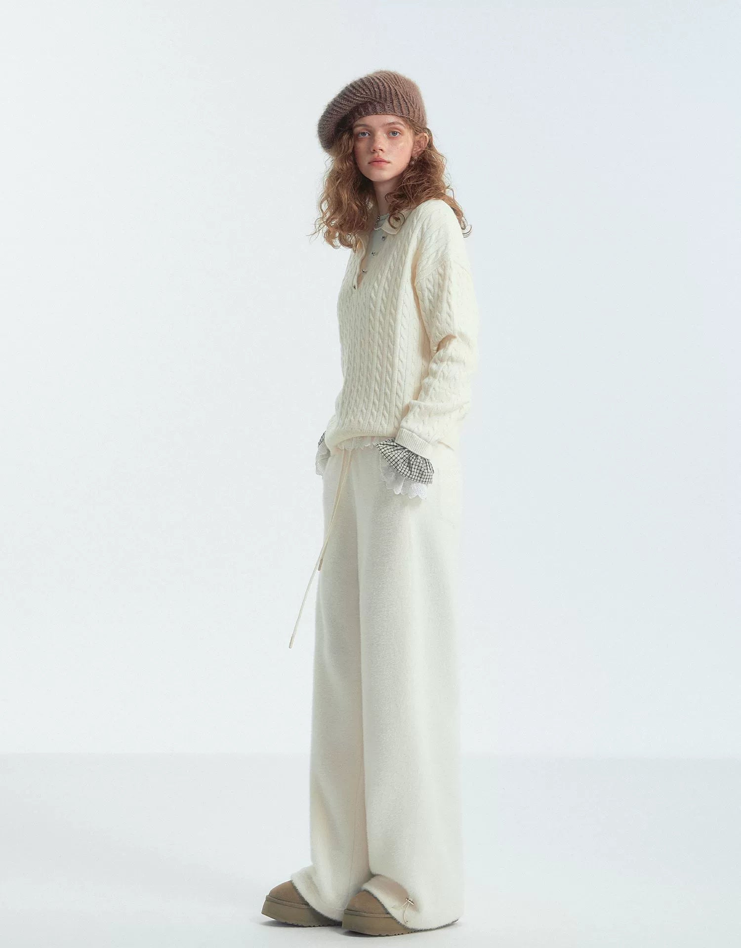 Cable‑Knit Polo Collar Plaid Splice Sweater