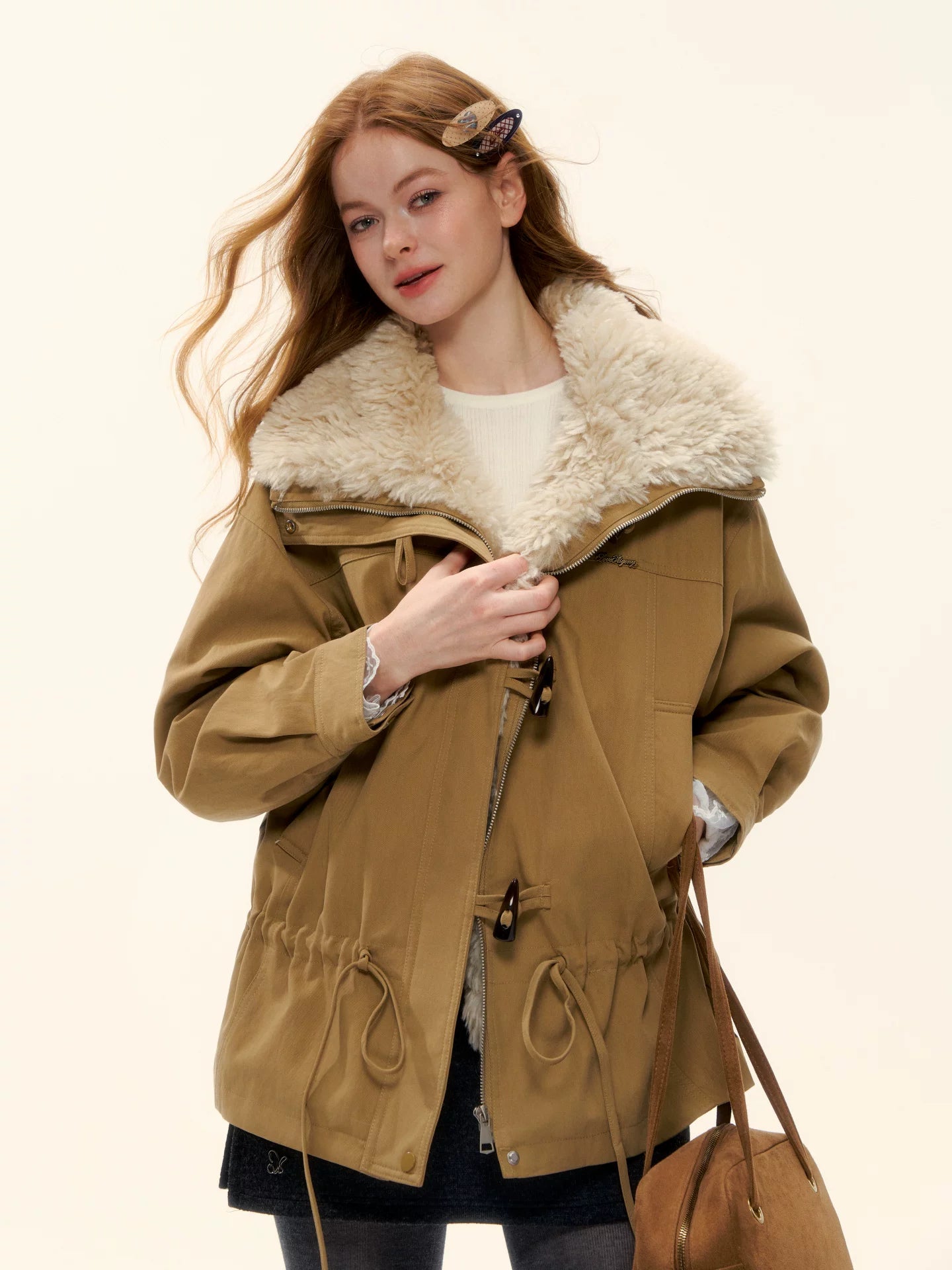 Faux Fur Collar Drawstring Loose Down Parka