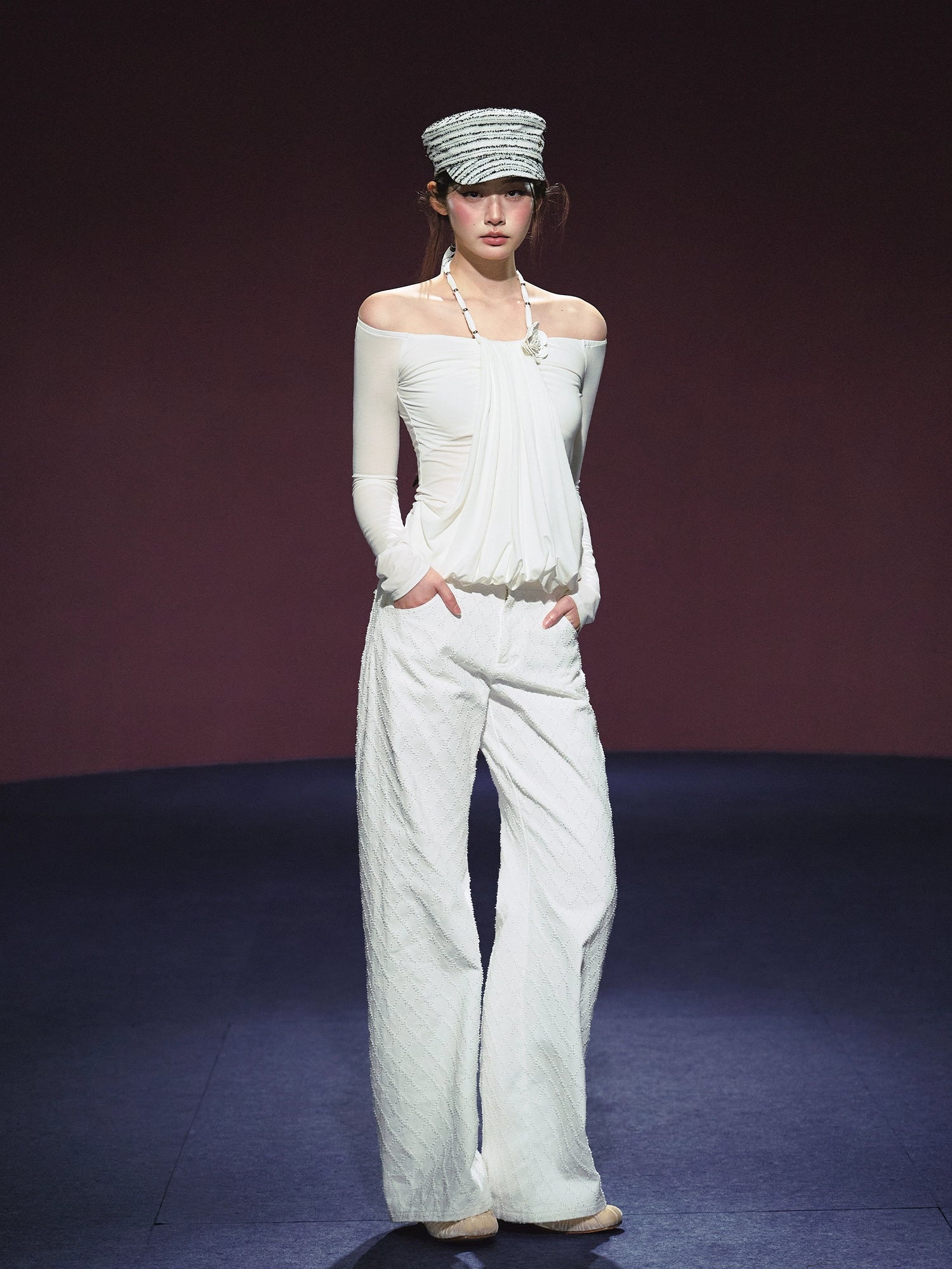 Fake Two-Piece Halter Ruched Floral One-Shoulder Blouse