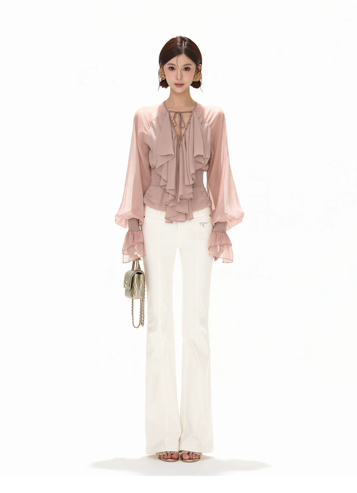 Pink Ruffle V-Neck Blouse