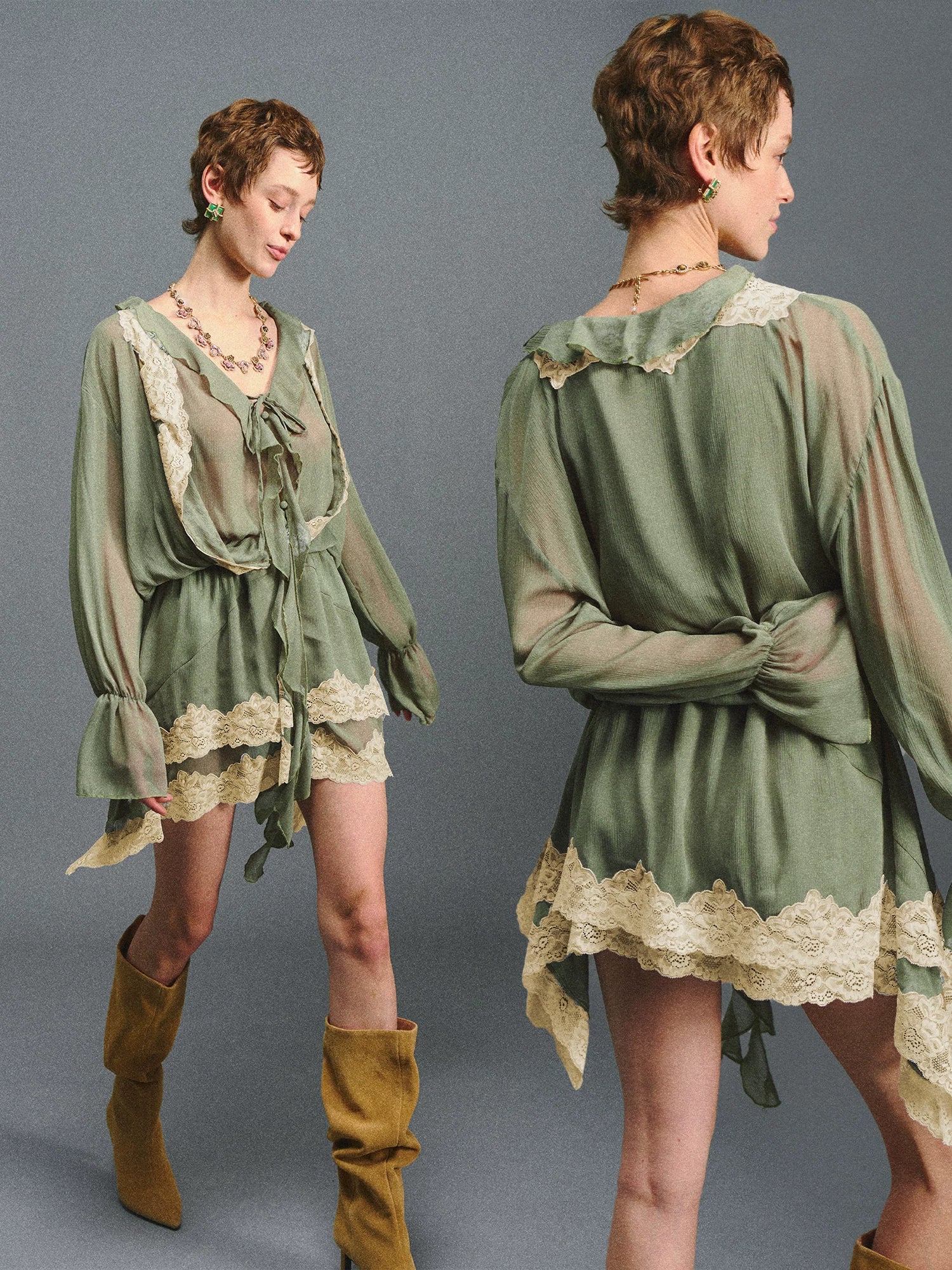 Moss Green Lace Layered Mini Dress