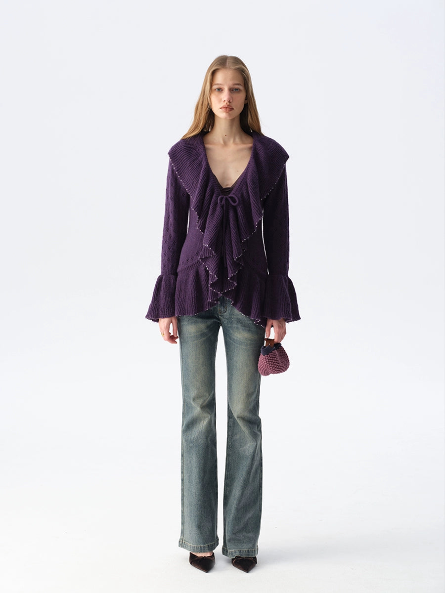 Two-Tone Openwork Ruffle Longline Cardigan