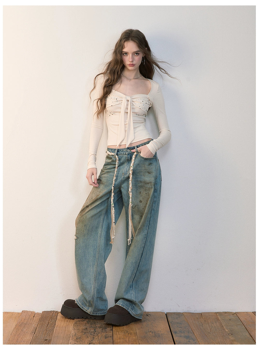 Distressed Wide-Leg Denim Pants