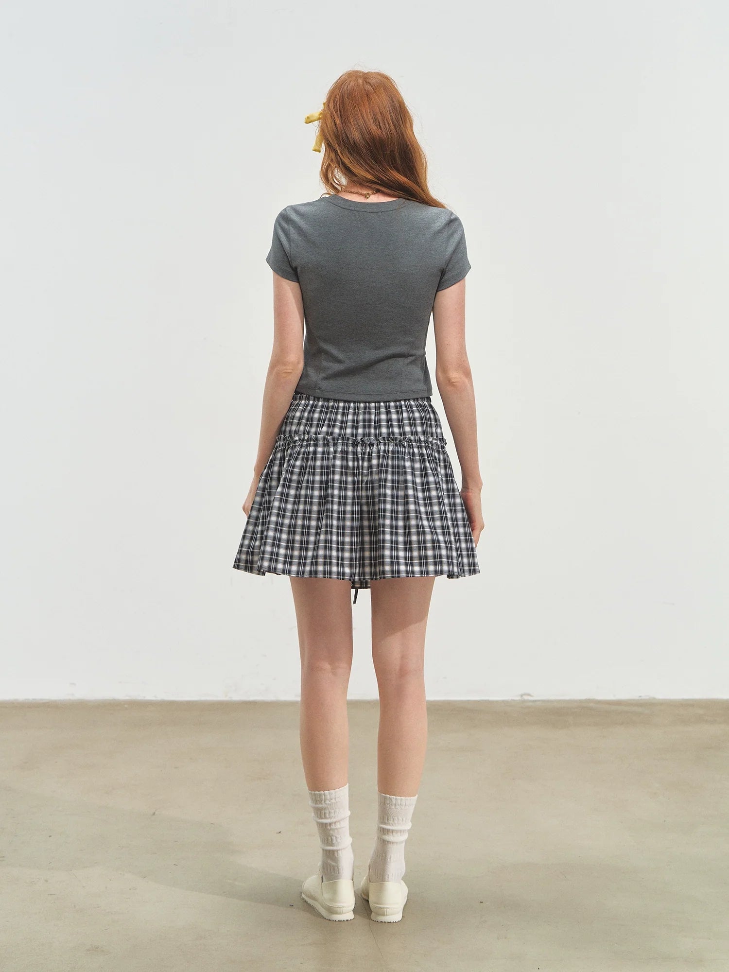 Checkered Ruffle A - Line Midi Skirt