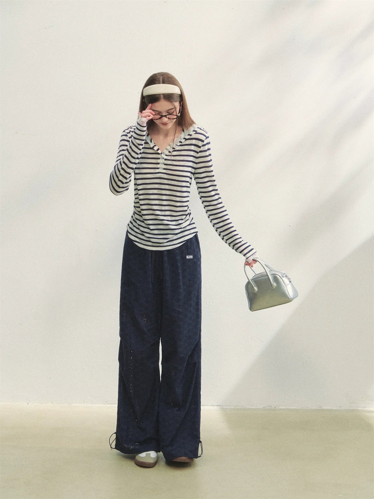 Hollow Embroidery Tie-up Casual Pants