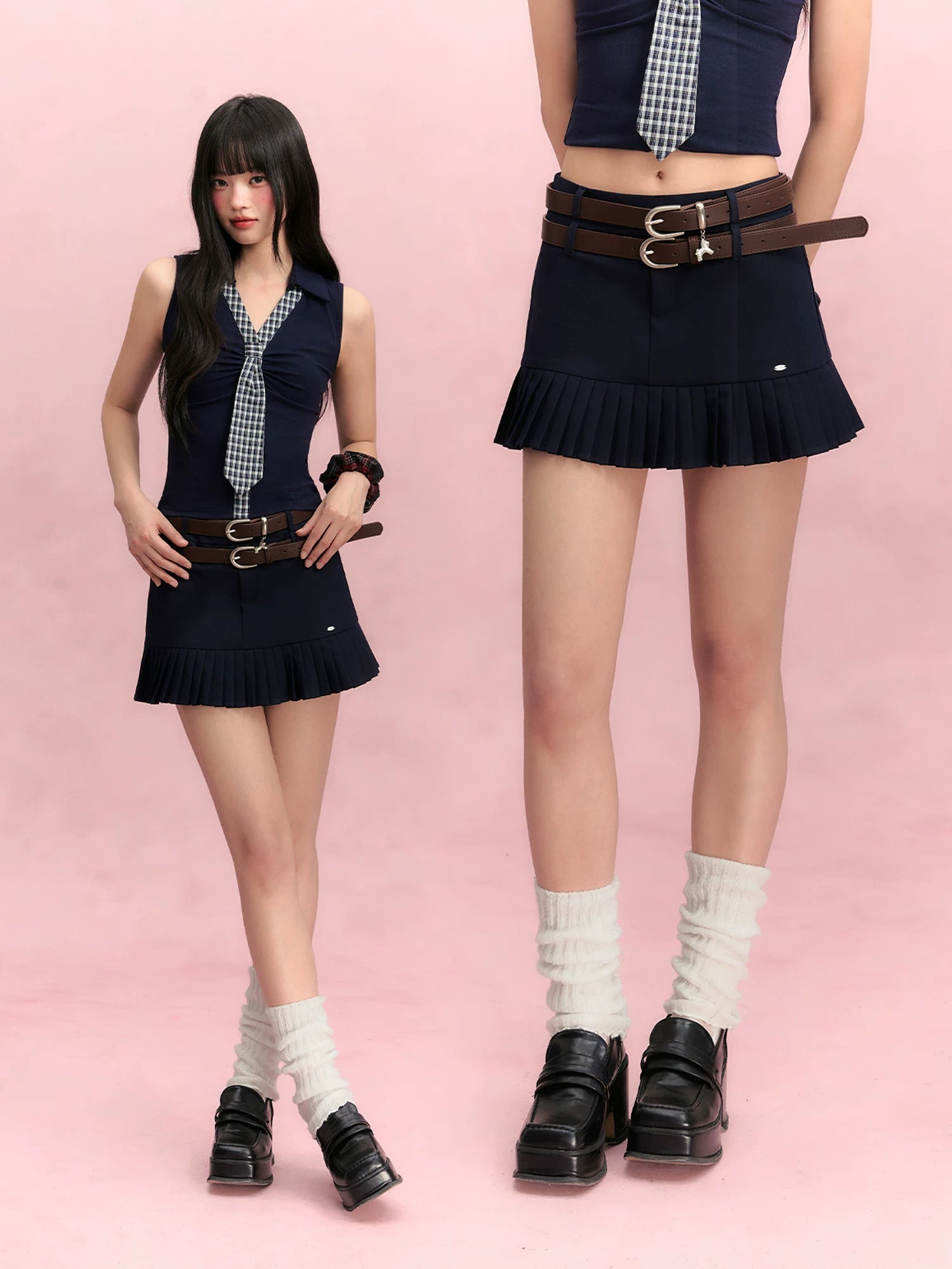 Double Waist Pleated Skirt