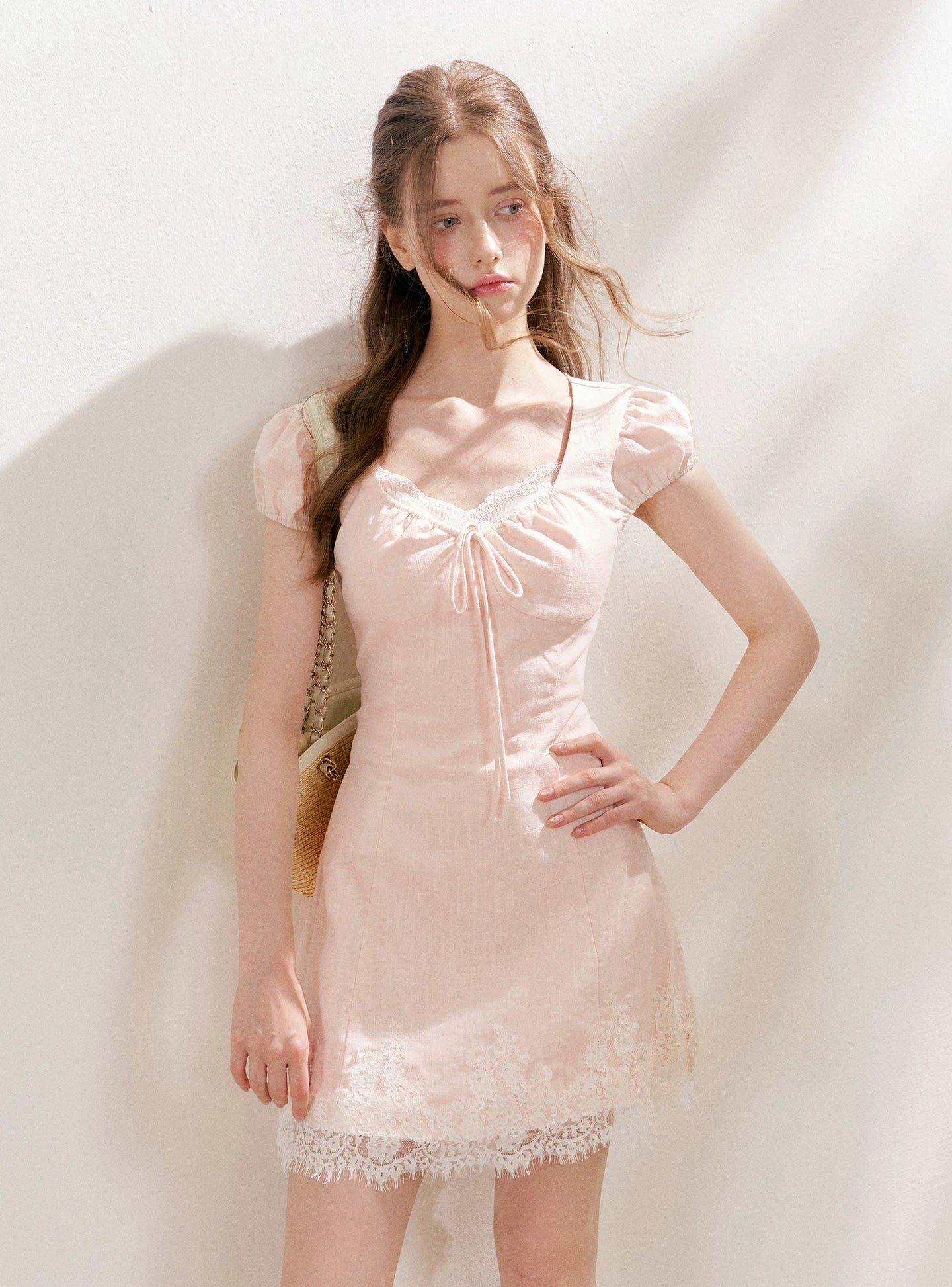 Pink Lace Trim Mini Dress