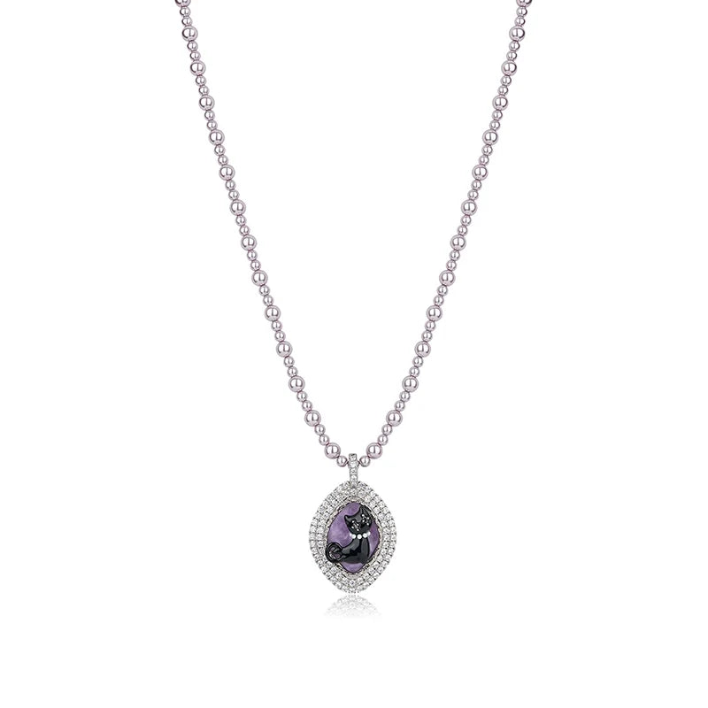 Cat Enamel Purple Pearl Necklace