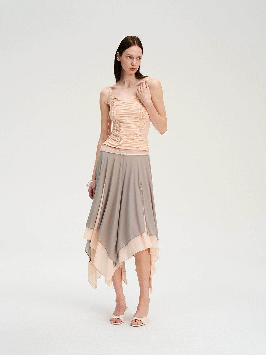 Colorblock Mesh Flared Midi Skirt