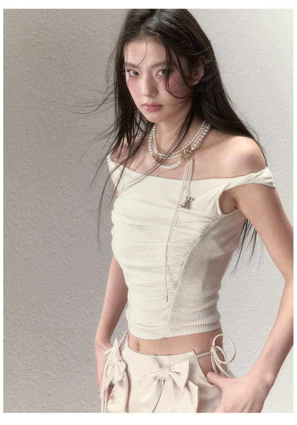 Waistline Ruched Off‑shoulder Knit Top