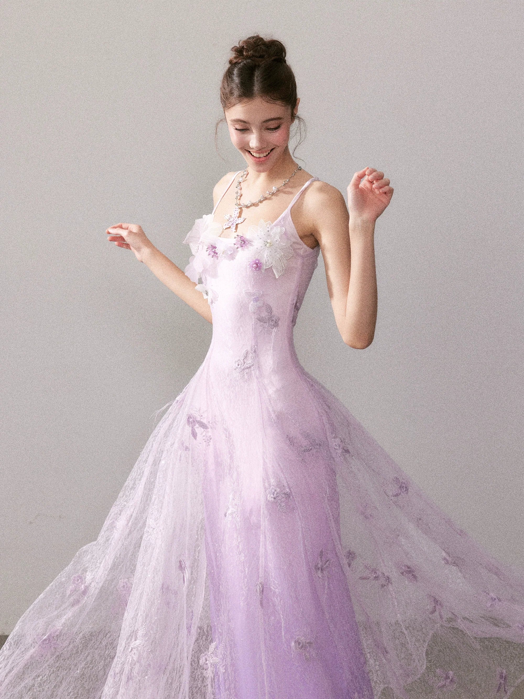 Light Purple Gradient Embroidered Bud Lace Long Dress