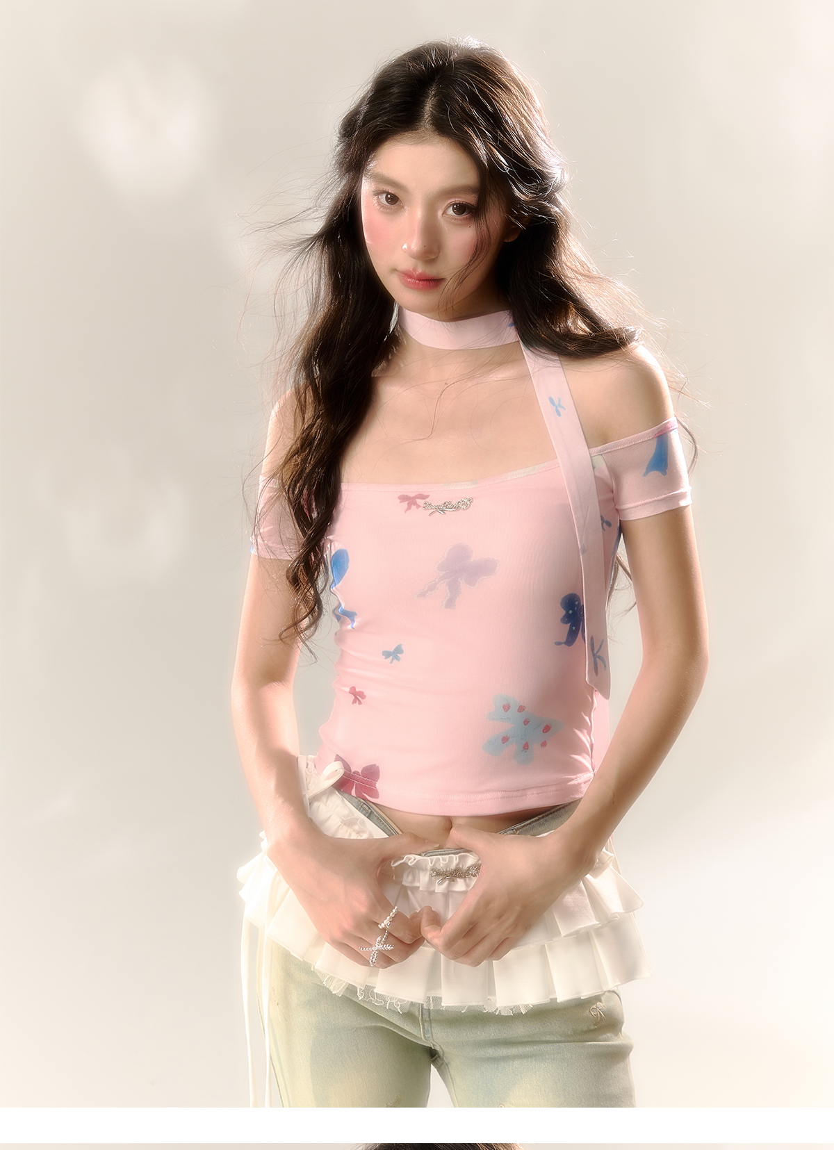 Red Polka Dot & Pink Butterfly Mesh One-shoulder T-shirt