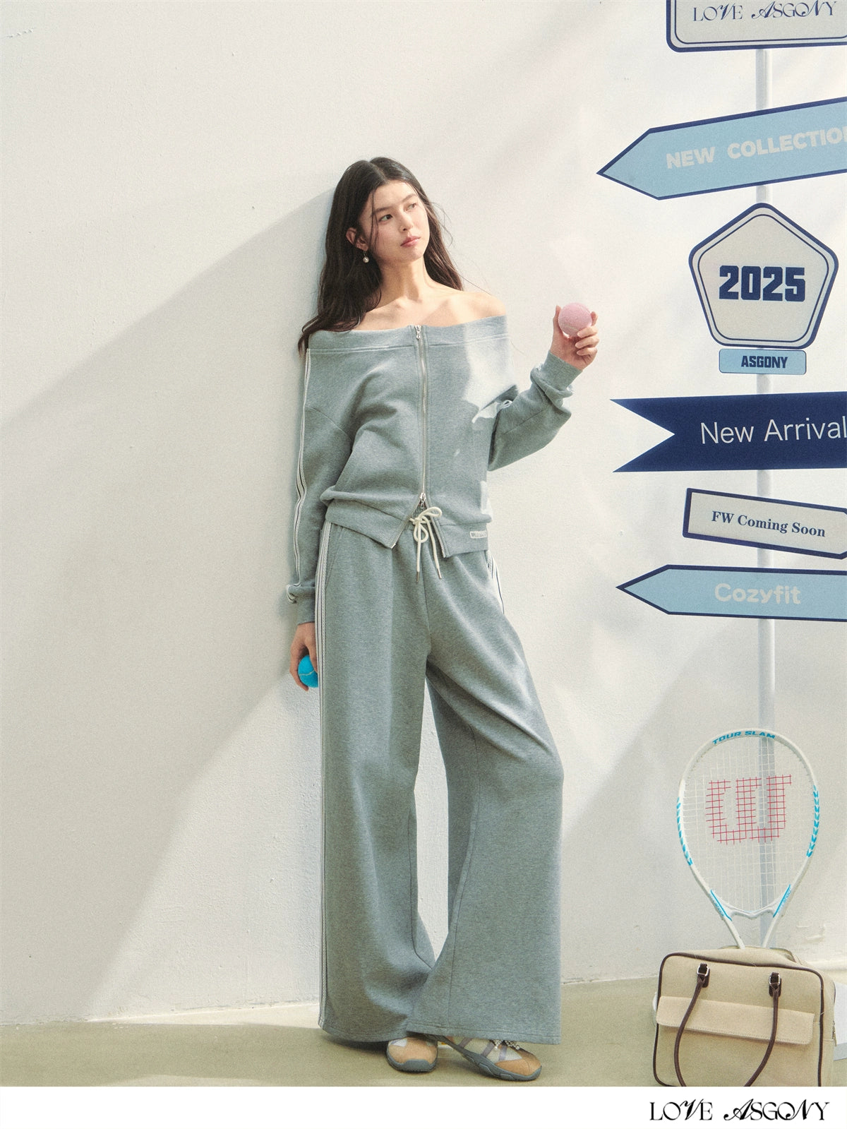 Off-Shoulder Zip-up Sweatshirt & Pants Set
