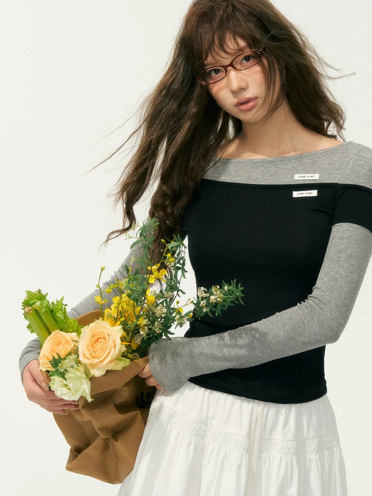 Irregular Fake Two-Piece Color-Block Knit T-shirt