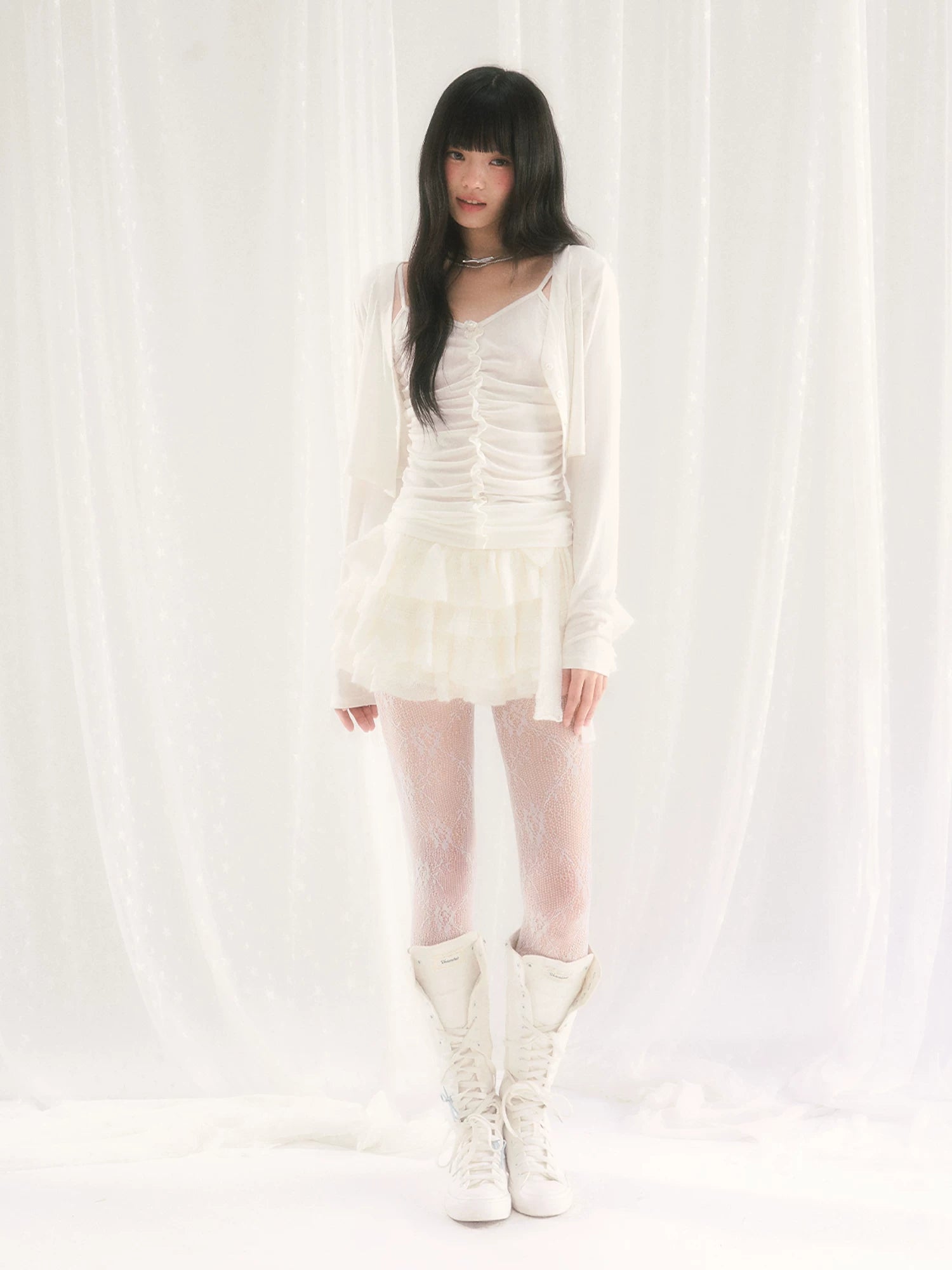 White Ruched Cami & Cardigan Set