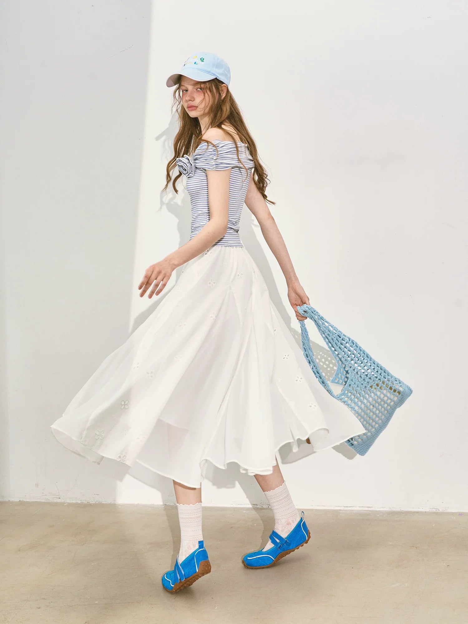 Embroidered Flower A - Line Slimming Midi Skirt