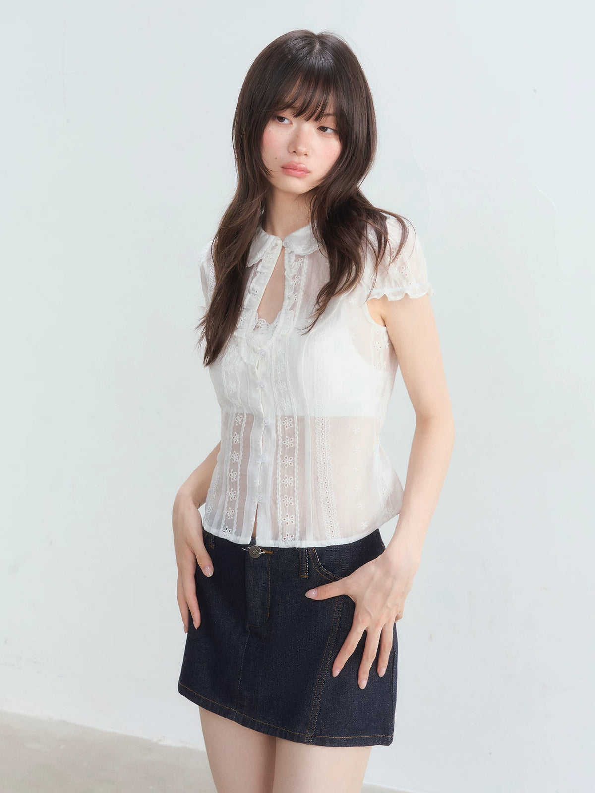 Eyelet Doll Collar Blouse & Skirt Set