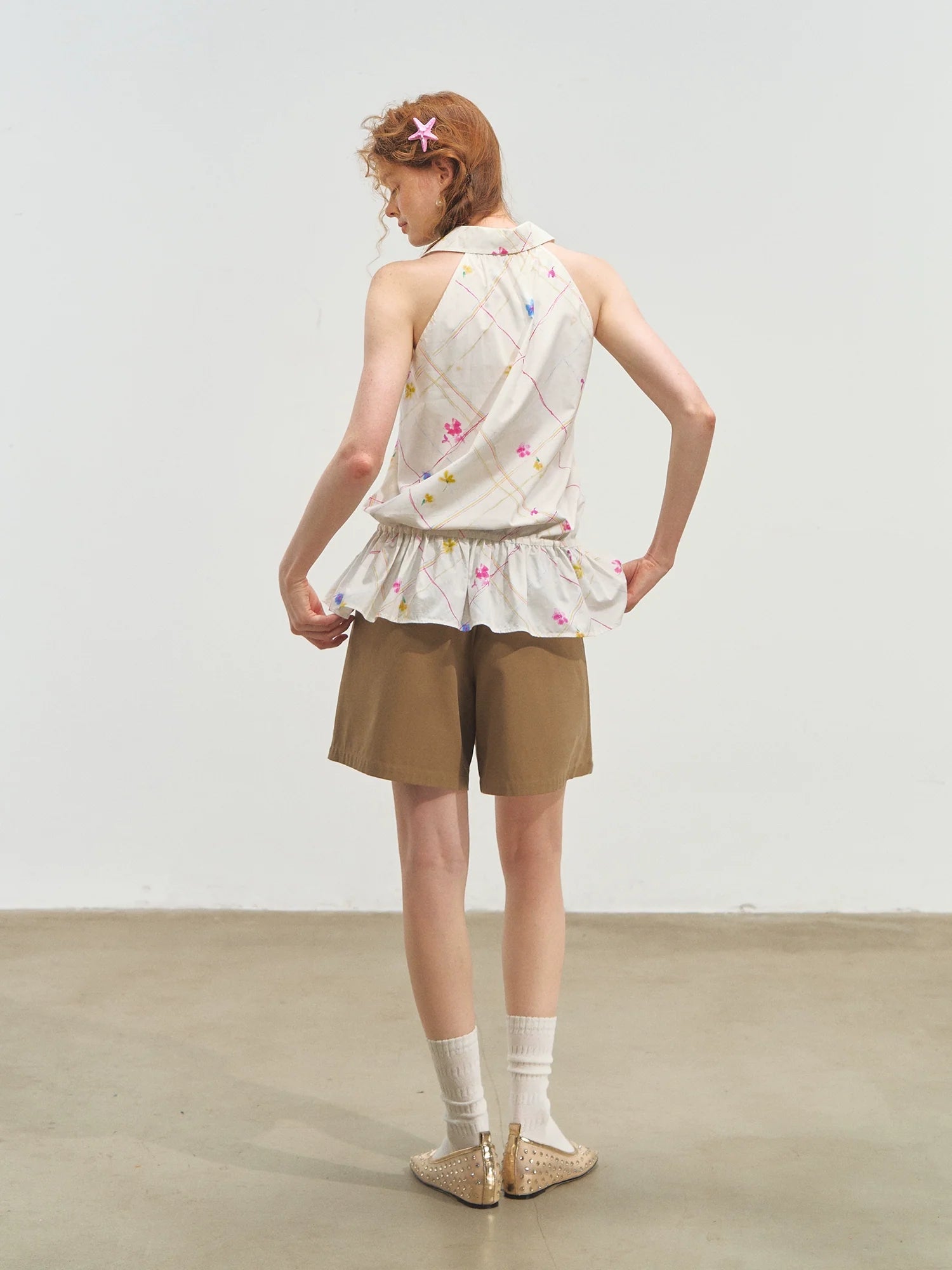 French-Style Printed Sleeveless Halter Tie-Up Top