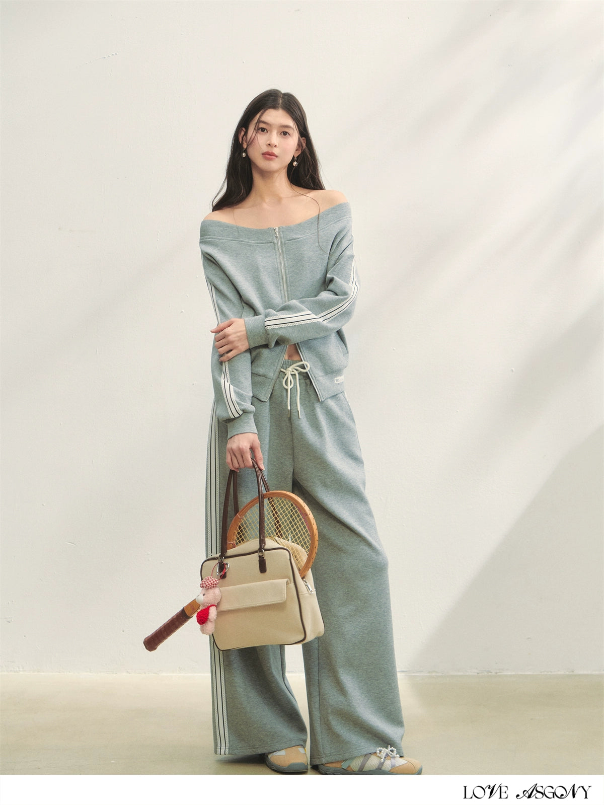 Off-Shoulder Zip-up Sweatshirt & Pants Set