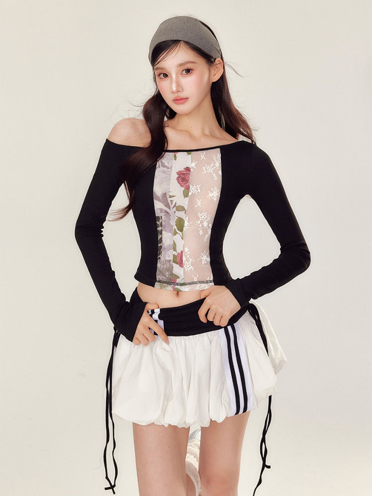 Lace Floral Off-Shoulder T-shirt & Skirt Set