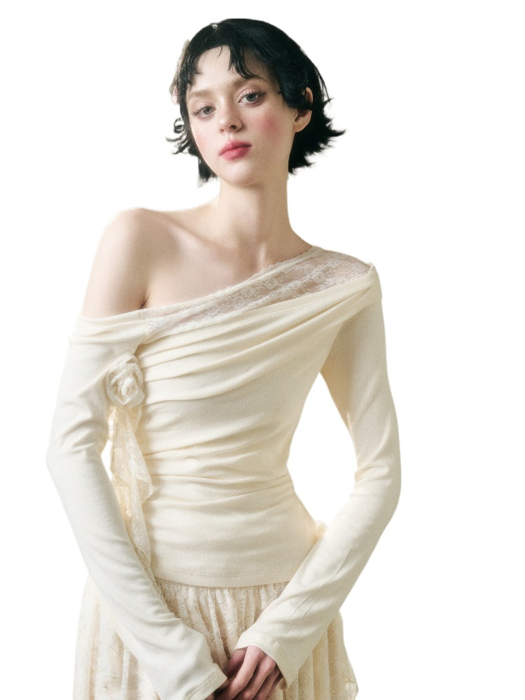 Lace Floral Asymmetrical Off-Shoulder Top & Skirt Set