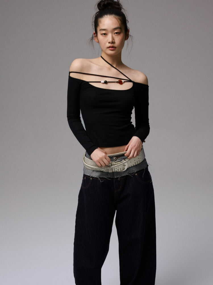One-Shoulder Beaded Strappy Solid Color T-Shirt