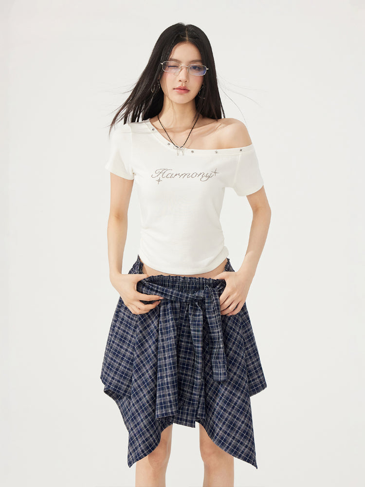 High-Elasticity Star-Studded Diagonal Shoulder T-Shirt