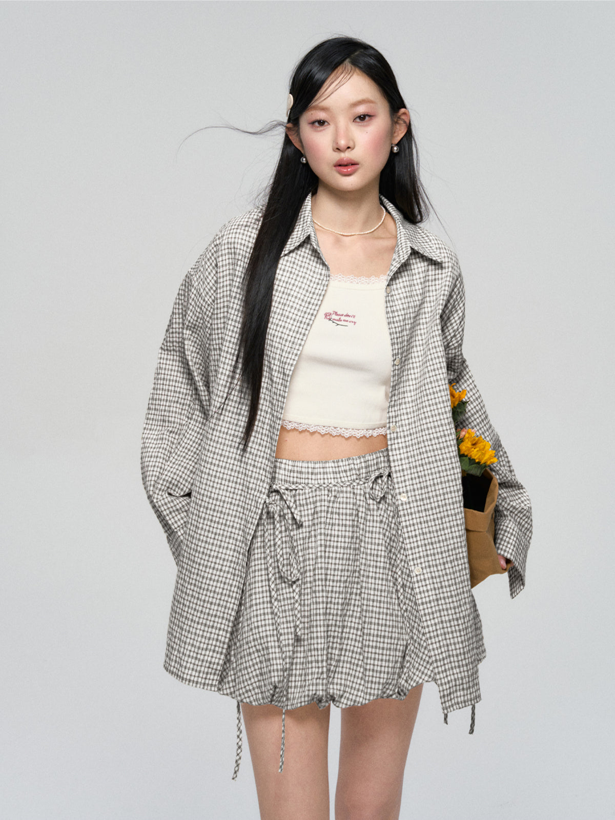 Khaki & Black Retro Check Shirt & Skirt Set