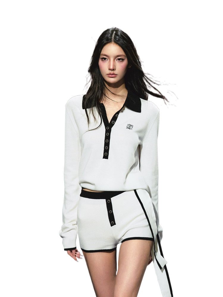 Ribbon Polo Tie-Up Sweater & Shorts Set