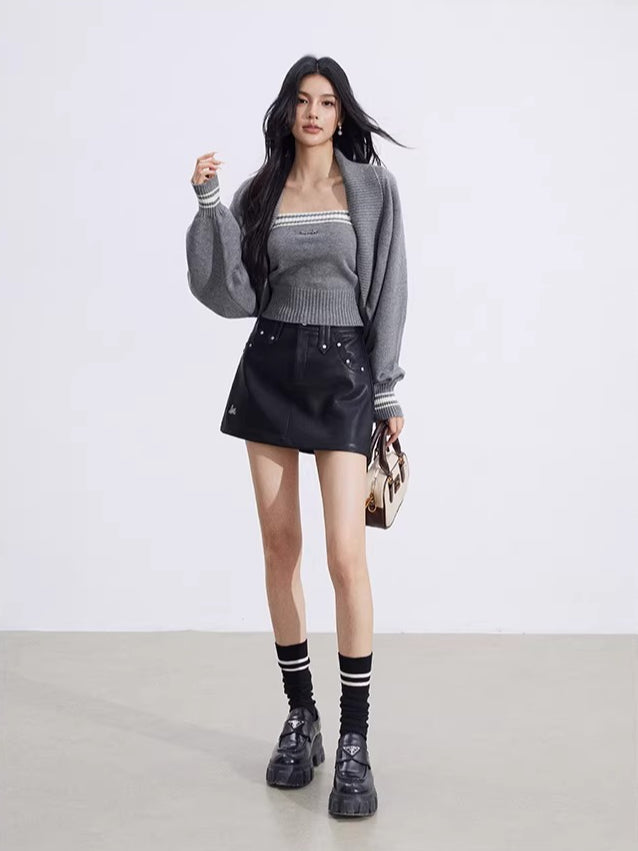 Gray & Beige Color-Block Cardigan Set