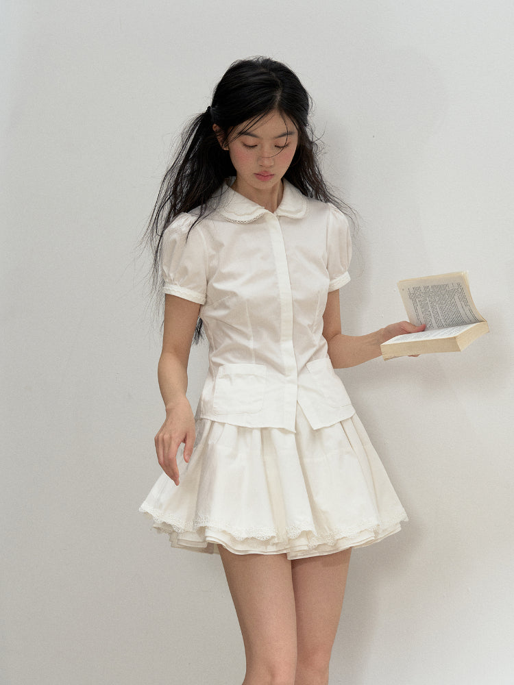 Cotton Lace Embroidered Collar Shirt & Skirt Set