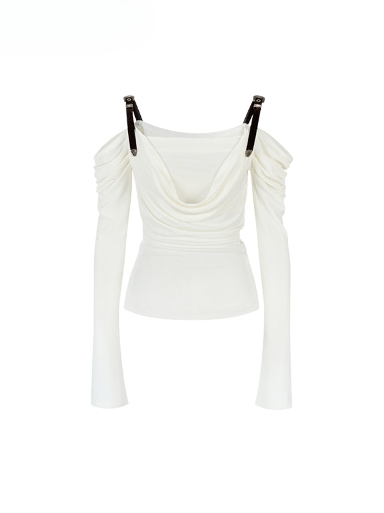 Draped Neck Leather Strap Acetate One-shoulder T-shirt