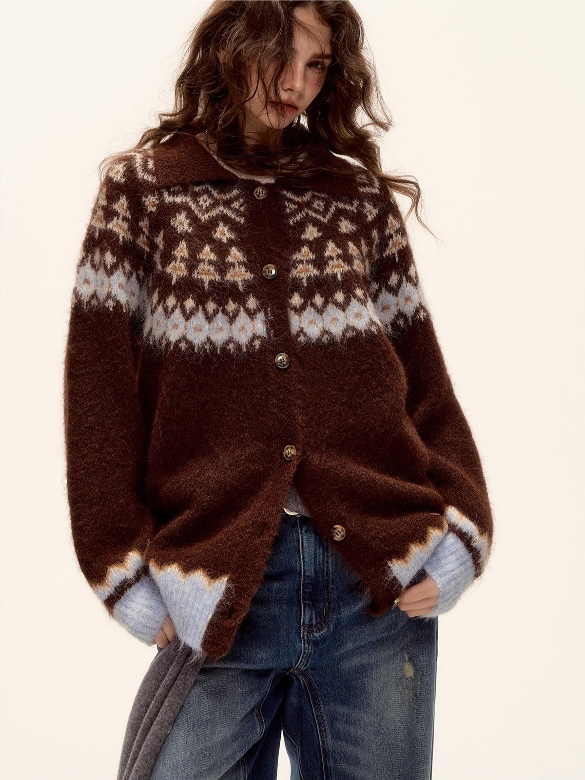 Fair Isle Wool Collar Cardigan