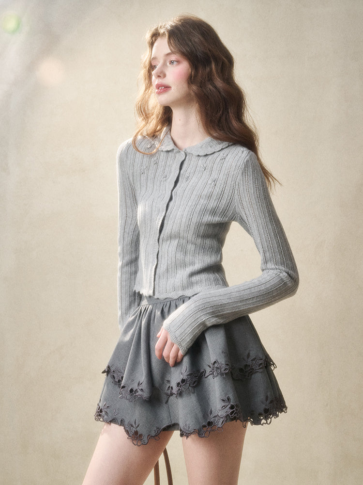 Embroidered Wool Hollow Cardigan & Tank Top Set